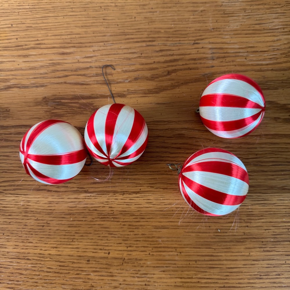 Set of 4 Vintage‎ Red White Silk Christmas Ornaments Balls Candy Cane Peppermint